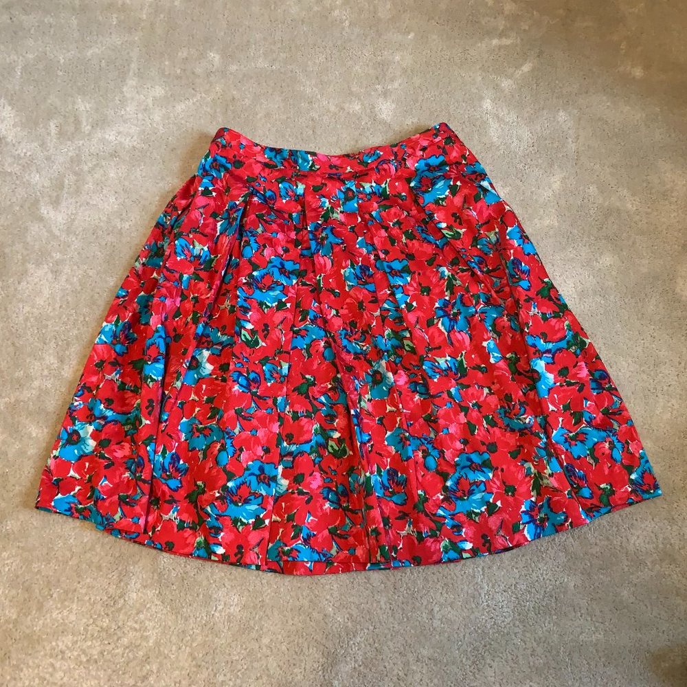 Talbots Red Floral Circle Skirt with Blue & Green Accents